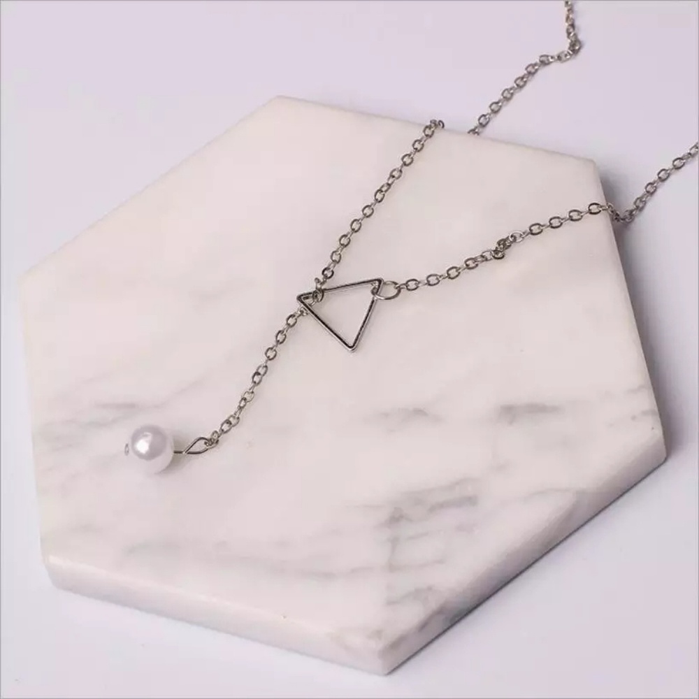 Silver Triangle Pearl Long Chain Necklace